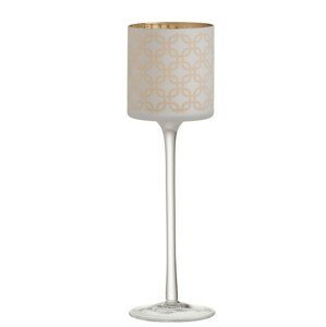 Bílo-zlatý matný skleněný svícen na úzké noze na čajovou svíčku  - Ø 9*30 cm J-Line by Jolipa