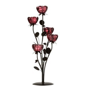 Kovový svícen na čajovou svíčku s pěti červenými skleněnými miskami ve tvaru květiny - 22*22*58 cm J-Line by Jolipa