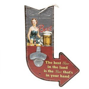 Nástěnná dřevěná cedule s otvírákem na láhve Beer - 20*3*30 cm Clayre & Eef