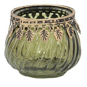 Zelený skleněný svícen na čajovou svíčku s kovovým lemem - Ø8*6 cm Clayre & Eef