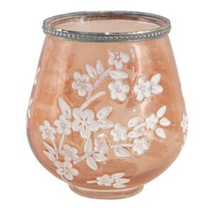 Béžovo-hnědý skleněný svícen na čajovou svíčku s květy Teane  - Ø 13*14 cm Clayre & Eef