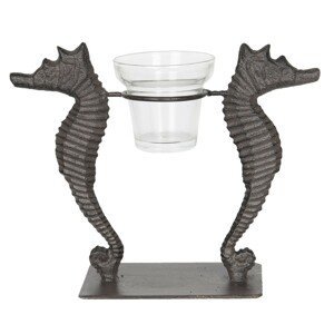 Hnědý kovový dekorační svícen na čajovou svíčku  mořské koně - 22*8*18 cm