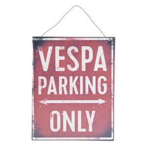 Červená kovová cedule VESPA PARKING ONLY s úmyslným odřením a patinou - 19*24 cm