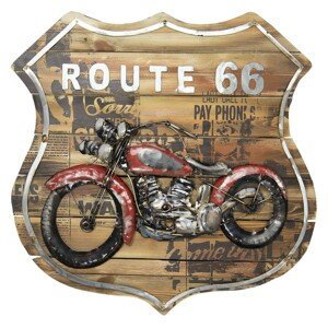 Dřevěno-kovová dekorace na zeď s motorkou Route 66 - 60*60*5.5 cm