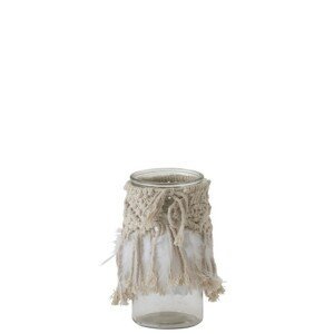 Skleněný svícen Macrame na čajovou svíčku s béžovými provázky a peříčky- Ø 10*20 cm J-Line by Jolipa
