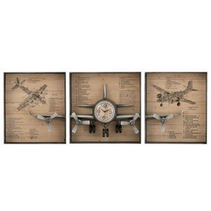 3 dřevěné nástěnné desky s hodinami a 3D letadlem - 207*12*75 cm