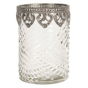 Skleněný transparentní svícen na čajovou svíčku s kovovým zdobením - Ø 8*12 cm