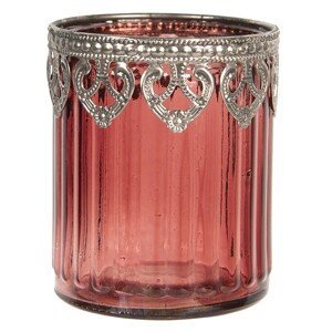 Červený skleněný svícen na čajovou svíčku s kovovým zdobením Ø8*9 cm