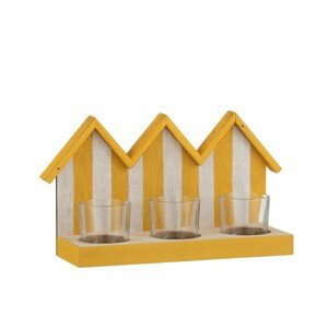 Dřevěný svícen žluto bílé plážové domečky se třemi skleněnými miskami na čajovou svíčku - 25,5*8,5*15 cm