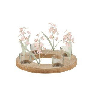 Hnědý dřevěný svícen na čtyři čajové svíčky s růžovými skleněnými květinami- 26*26*16 cm