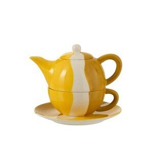 Porcelánová konvička na čaj se šálkem Wave v odstínech žluté - 20*18,5*16 cm