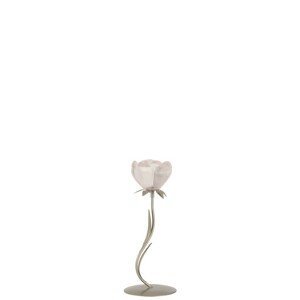 Kovový svícen na čajovou svíčku růžový se skleněnou miskou ve tvaru květiny  - 11,5*11,5*29 cm