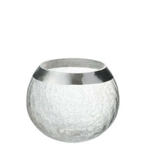 Transparentní skleněný kulatý svicen na čajovou svíčku se stříbrným zdobením - Ø 15*12 cm