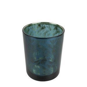 Petrolejový skleněný svícen na čajovou svíčku s palmovými listy – Ø 8*10cm