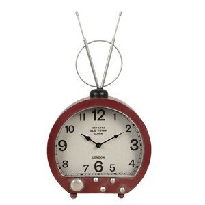 Červené kovové stolní hodiny s anténou v retro stylu - 26*10*47 cm / 1*AA