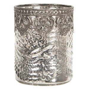 Skleněný stříbrný svícen na čajovou svíčku s kovovým zdobením - Ø  7*8 cm Clayre & Eef