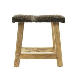 Krátká dřevěná lavice s hnědo šedým podsedákem z hovězí kůže - 45*26*46cm Mars & More