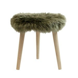 Dřevěná kulatá stolička s olivově zeleným sedákem z ovčí kůže - Ø 36*45cm Mars & More