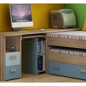Studentský rohový PC stůl NELLORE 2, dub sonoma/světle modrá/modrá, 5 let záruka