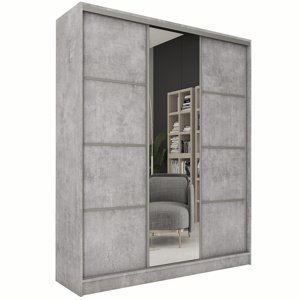 Šatní skříň LITOLARIS 150 se zrcadlem, 4 šuplíky a 2 šatními tyčemi, beton