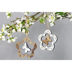 Kytičky s motýlkem 2 kusy v sáčku, dřevěná dekorace na zavěšení, cena za 1 sáček VEL810320