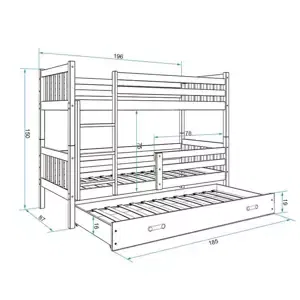 Dětská patrová postel Carino – 3 sosoby 80x190 s výsuvnou přistýlkou – Grafitová, Zelená