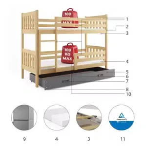 Patrová postel Carino - 2 osoby 80x190 s úložným prostorem – Borovice, Grafit