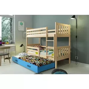 Dětská patrová postel Carino – 3 sosoby 80x190 s výsuvnou přistýlkou – Borovice, Modrá