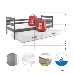 Dětská postel Eryk - 2 osoby, 90x200 s výsuvnou přistýlkou – Grafit, Bílá
