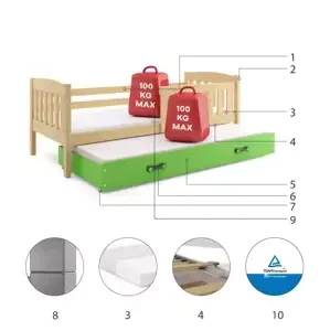 Dětská postel Kubus - 2 osoby, 90x200 s výsuvnou přístýlkou – Borovice, Zelená