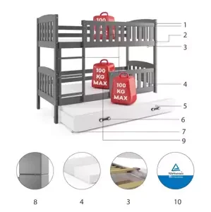 Dětská patrová postel Kubus - 3 osoby, 80x190 s výsuvnou přistýlkou – Grafitová, Bílá