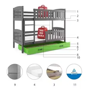 Dětská patrová postel Kubus - 2 osoby, 90x200 s úložným prostorem – Grafitová, Zelená