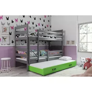 Dětská patrová postel Eryk - 3 osoby, 90x200 s výsuvnou přistýlkou – Grafitová, Zelená