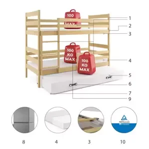 Dětská patrová postel Eryk - 3 osoby, 80x190 s výsuvnou přistýlkou – Borovice, Bílá