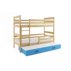 Dětská patrová postel Eryk - 3 osoby, 80x190 s výsuvnou přistýlkou – Borovice, Modrá