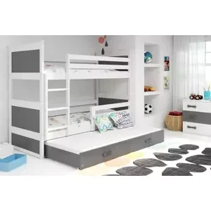 Dětská patrová postel Rico - 3 osoby, 90x200 s výsuvnou přistýlkou – Bílá, Grafit