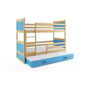Dětská patrová postel Rico - 3 osoby, 80x190 s výsuvnou přistýlkou – Borovice, Modrá