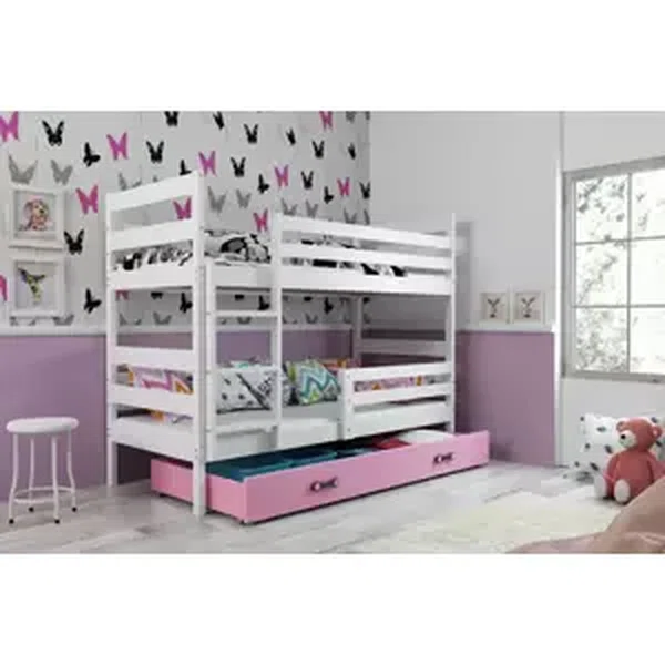 Dětská patrová postel Eryk - 2 osoby, 80x190 s úložným prostorem – Bílá, Růžová