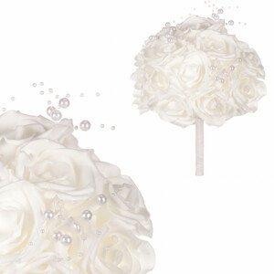 Puget z pěnových růžiček s korálky do ruky , barva bílá, umělá dekorace PRZ2889