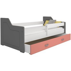 Dětská postel Miki 80x160 B4, šedá//bílá/růžová + rošt, matrace, úložný prostor