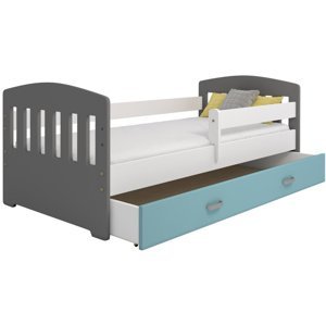 Dětská postel Miki 80x160 B6, šedá/modrá + rošt, matrace, úložný prostor