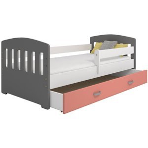 Dětská postel Miki 80x160 B6, šedá/bílá/růžová + rošt, matrace, úložný prostor