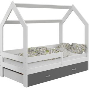 Dětská postel Domek 80x160 cm D3, rošt ZDARMA - bílá, zábrana: bílá, úlož. prost: šedá, matrace: bez matrace