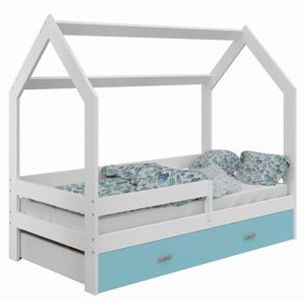 Dětská postel Domek 80x160 cm D3, rošt ZDARMA - bílá, zábrana: bílá, úlož. prost: modrá, matrace: bez matrace