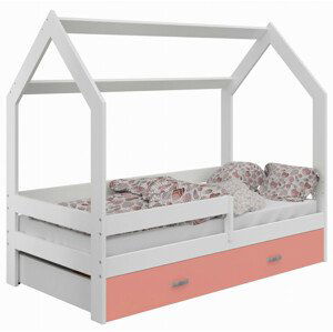 Dětská postel Domek 80x160 cm D3, rošt ZDARMA - bílá, zábrana: bílá, úlož. prost: růžová, matrace: bez matrace