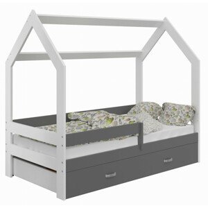 Dětská postel Domek 80x160 cm D3, rošt ZDARMA - bílá, zábrana: šedá, úlož. prost: šedá, matrace: bez matrace