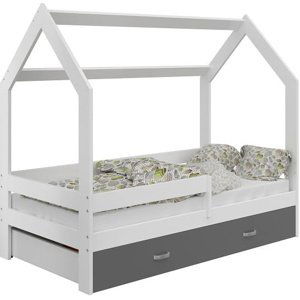 Dětská postel Domek 80x160 cm D3, rošt ZDARMA - bílá, zábrana: bílá, úlož. prost: šedá, matrace: s matrace