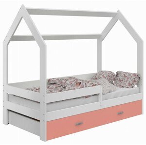 Dětská postel Domek 80x160 cm D3, rošt ZDARMA - bílá, zábrana: bílá, úlož. prost: růžová, matrace: s matrace