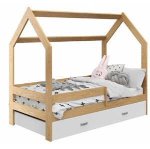 Dětská postel Domek 80x160 cm D3, rošt ZDARMA - borovice, zábrana: borovice, úlož. prost: bílá, matrace: bez matrace