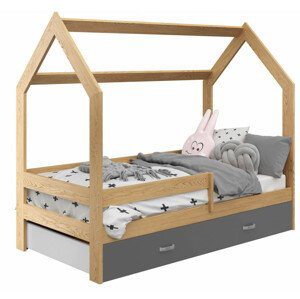 Dětská postel Domek 80x160 cm D3, rošt ZDARMA - borovice, zábrana: borovice, úlož. prost: šedá, matrace: bez matrace